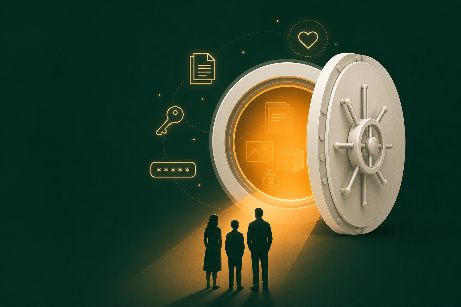 Secure digital vault handing keys and documents to family silhouettes in a beam of warm light