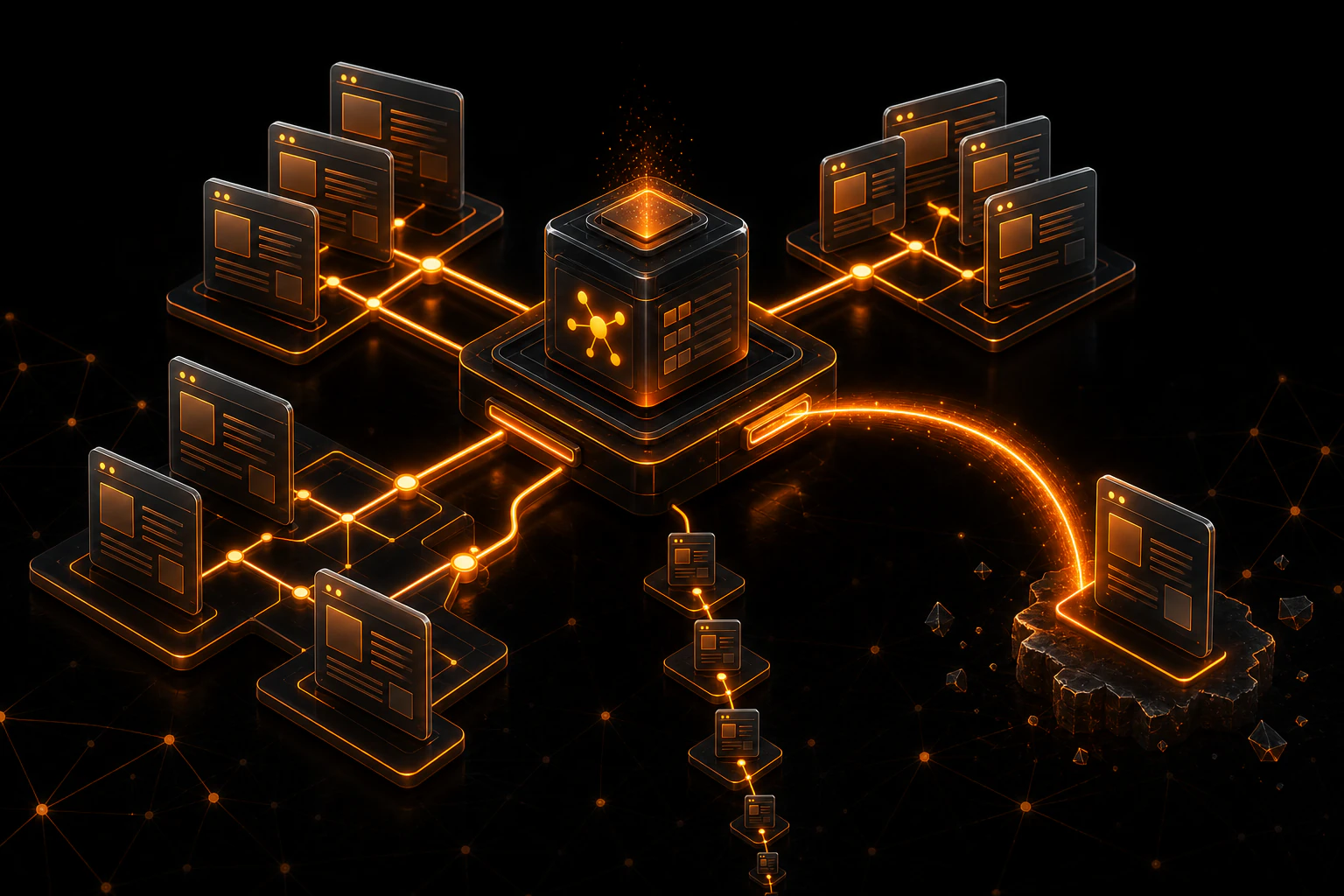 Isometric neon illustration of an internal linking network connecting website pages and an orphan page.