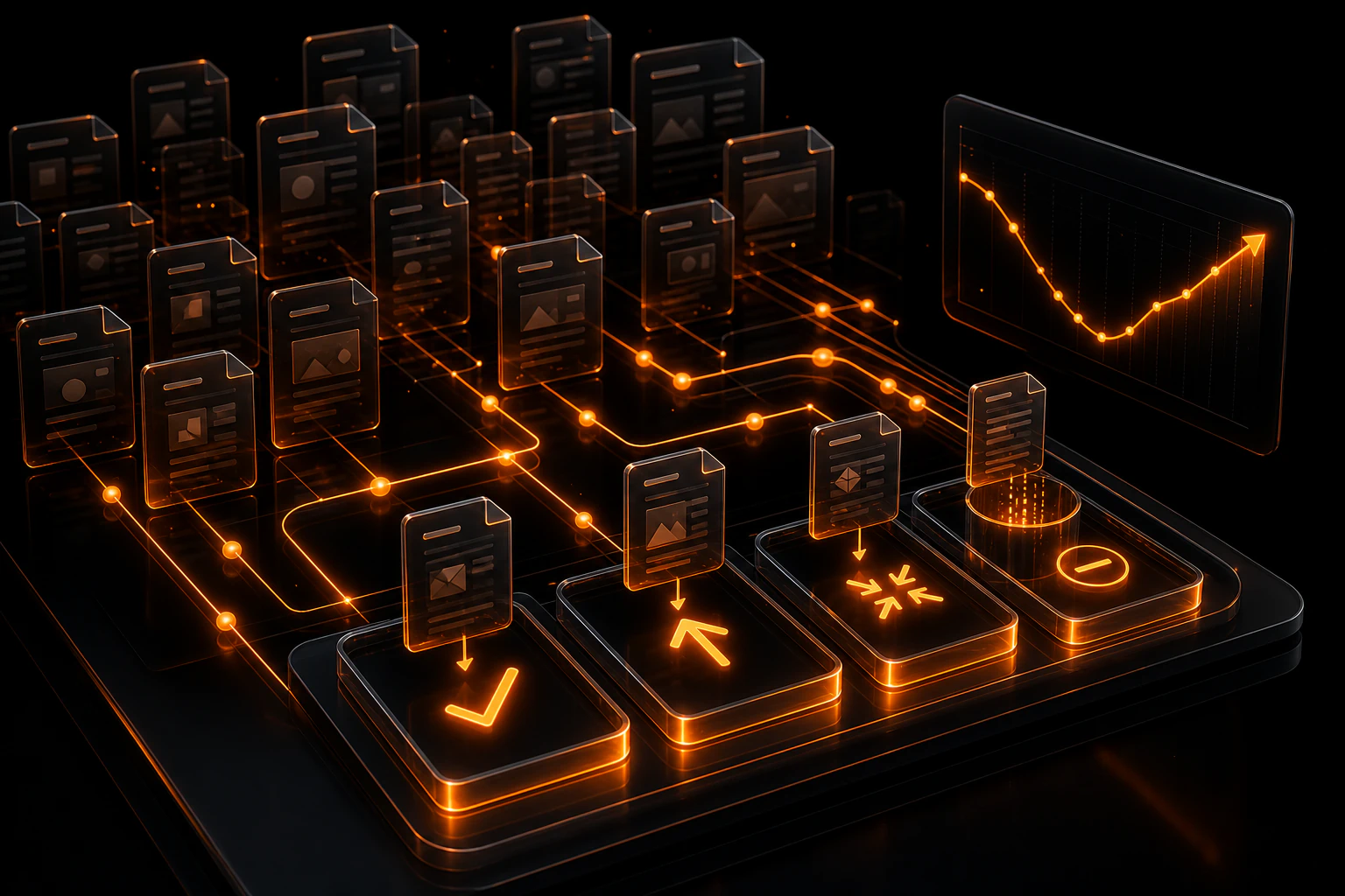 Isometric neon illustration of a content audit workflow sorting pages by performance and priority.