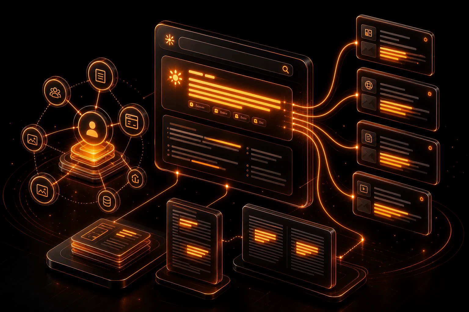 Isometric neon illustration of AI search visibility with cited source cards and entity graph nodes.