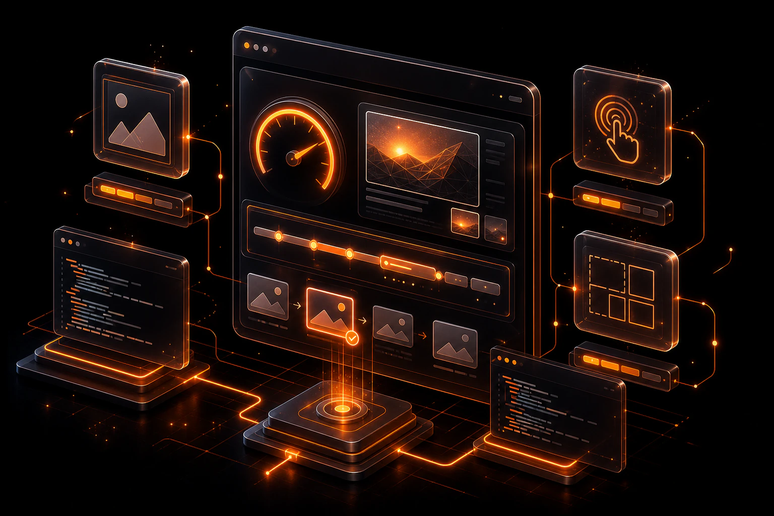 Isometric neon illustration of a Core Web Vitals performance dashboard with speed gauges and connected metric panels.